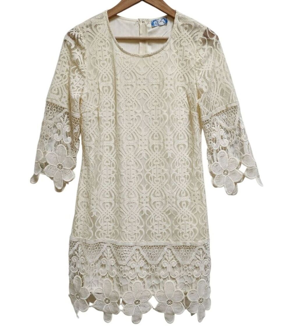 J Glee Floral Crochet Lace Overlay Dress Sz M Cream 3/4 Slv Lined Boho Wedding